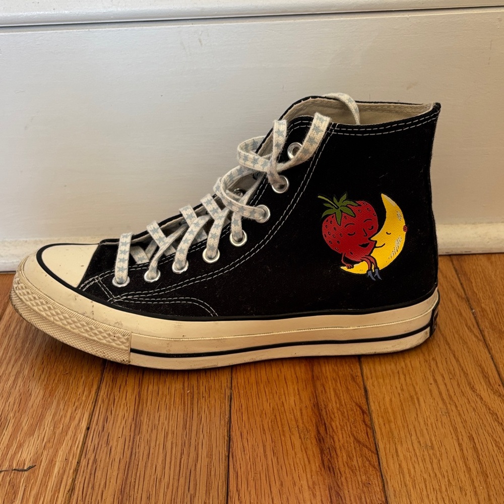 Black High-Top Sneakers with Strawberry Moon Design